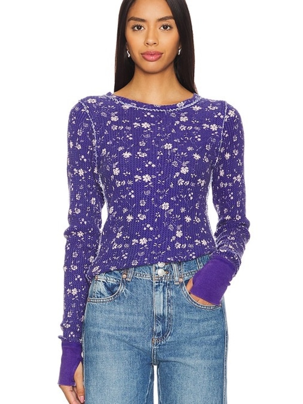 Free People Lavender Floral Ribbed Long Sleeve Top